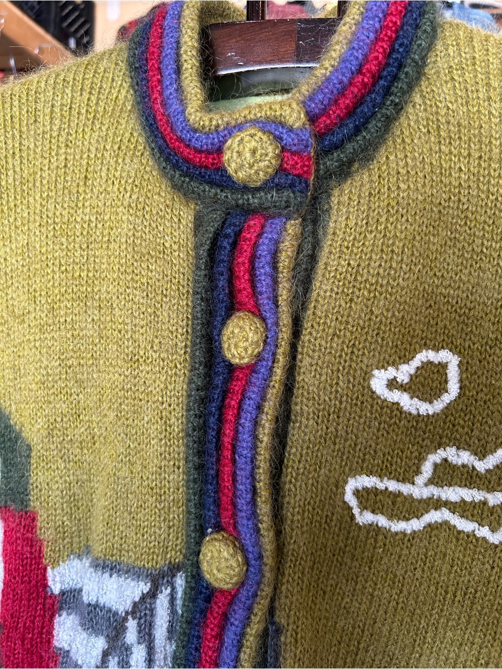 Vintage Olive Green Scenic Knit Button-Front Sweater Jacket - Picture 7 of 12
